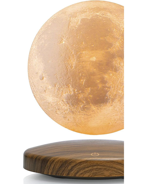 LunaFloat™ Frei schwebende 3D-Mondlampe — Warmes Amber-Licht auf dunklem Walnuss-Sockel | Troveify