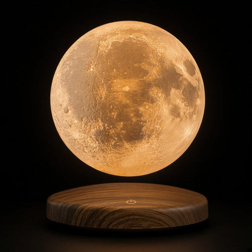 LunaFloat™ Magnetic Levitating 3D Moon Lamp — 2700K Warm Gold on Dark Walnut Base